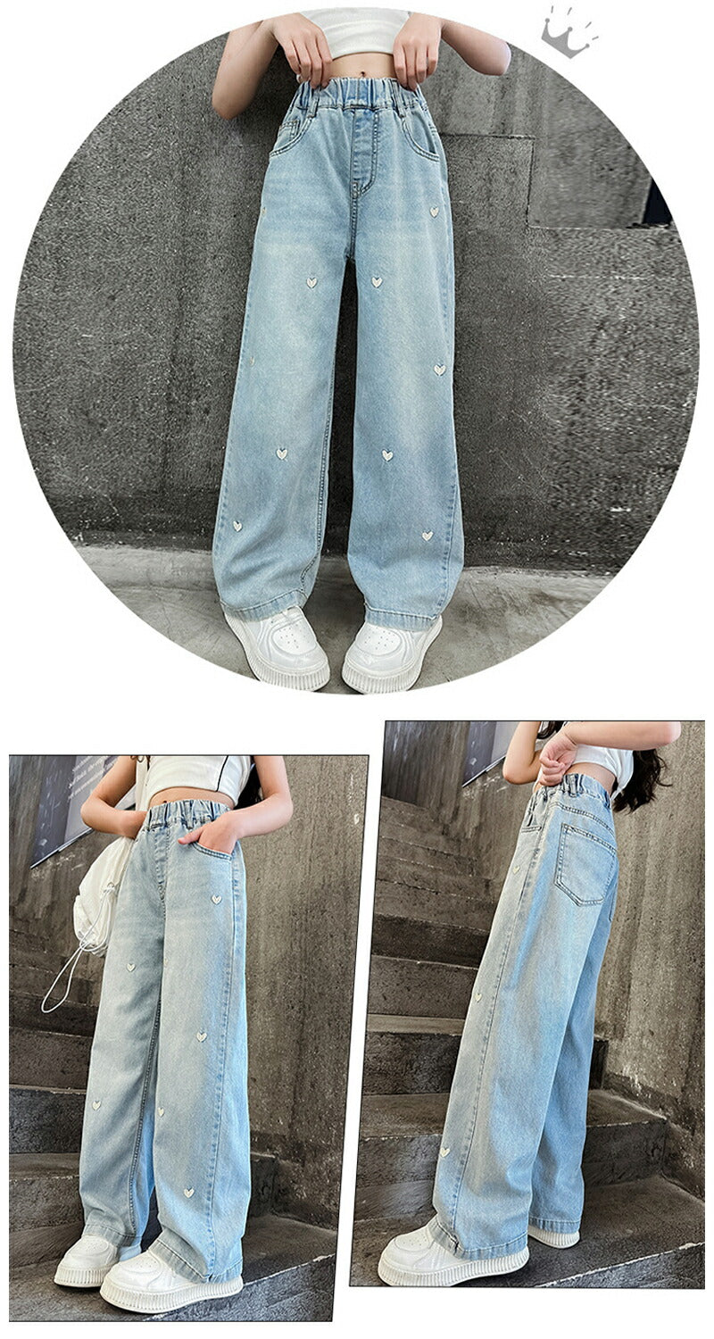 ストレッチデニム ペグトップパンツ 子供服 キッズ 男の子 女の子 デニムパンツ ロングパンツ 長ズボン ボトムス ハート刺繍 デニム ワイドパンツ 子供服 キッズ 女の子 デニムパンツ ロングパンツ 長ズボン ボトムス