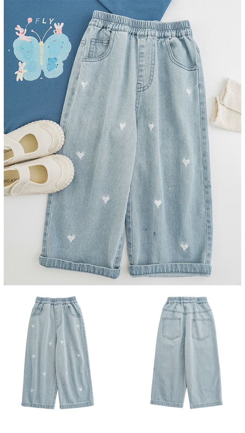 ストレッチデニム ペグトップパンツ 子供服 キッズ 男の子 女の子 デニムパンツ ロングパンツ 長ズボン ボトムス ハート刺繍 デニム ワイドパンツ