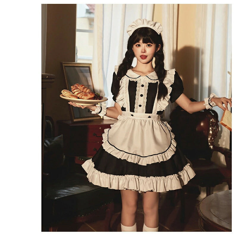 メイド服 6点セット コスプレ 可愛い 女の子 レディース メンズ 半袖 ロリータ ワンピース 黒 ピンク ハロウィン 大きいサイズ 定番 S-2XL 男性ウケ バレンタイン かわいい コスチューム 頭飾り クラシック ゴスロリ メイド 服