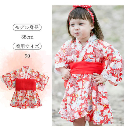 浴衣 子供 和服 ワンピース 女の子 夏祭り ゆかた ガールズ  着物 浴衣ドレス 夏 兵児帯 花柄 蝶結び 2点セット 帯セット ワンピース 花火大会 お盆休み 夏休み 記念撮影 90 100 110 120cm