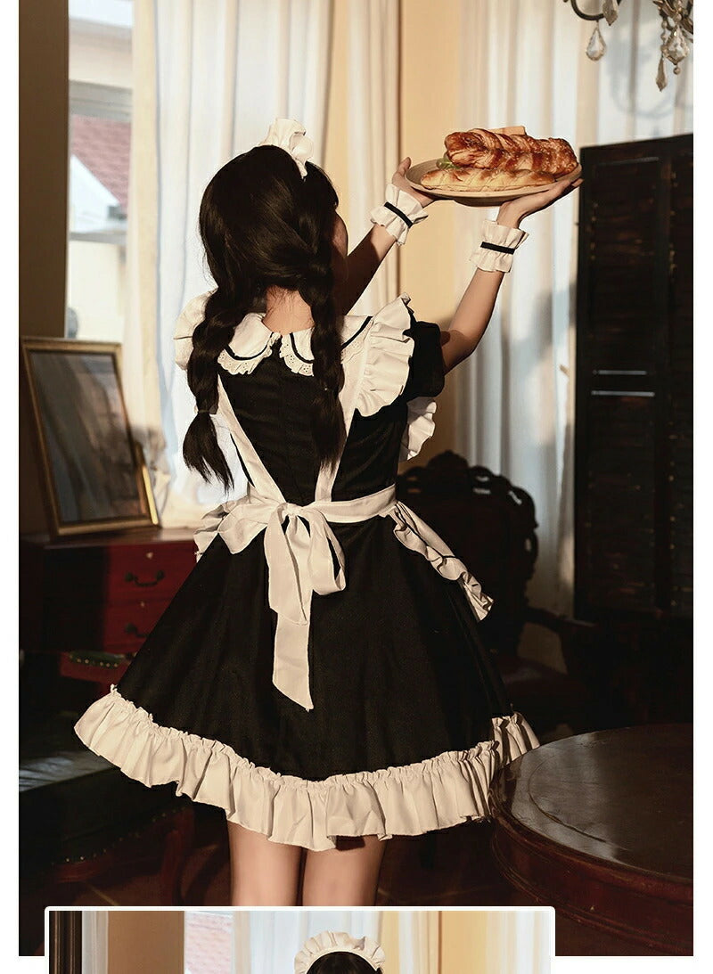 メイド服 6点セット コスプレ 可愛い 女の子 レディース メンズ 半袖 ロリータ ワンピース 黒 ピンク ハロウィン 大きいサイズ 定番 S-2XL 男性ウケ バレンタイン かわいい コスチューム 頭飾り クラシック ゴスロリ メイド 服