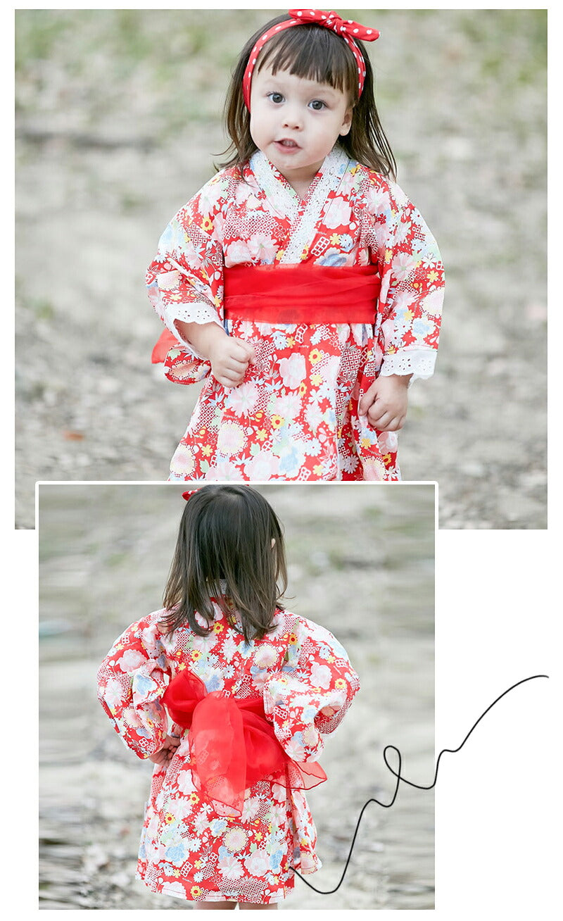 浴衣 子供 和服 ワンピース 女の子 夏祭り ゆかた ガールズ  着物 浴衣ドレス 夏 兵児帯 花柄 蝶結び 2点セット 帯セット ワンピース 花火大会 お盆休み 夏休み 記念撮影 90 100 110 120cm