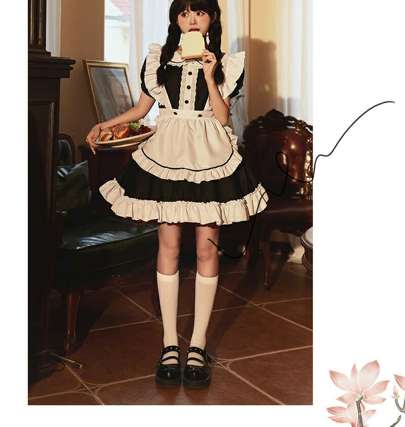 メイド服 6点セット コスプレ 可愛い 女の子 レディース メンズ 半袖 ロリータ ワンピース 黒 ピンク ハロウィン 大きいサイズ 定番 S-2XL 男性ウケ バレンタイン かわいい コスチューム 頭飾り クラシック ゴスロリ メイド 服