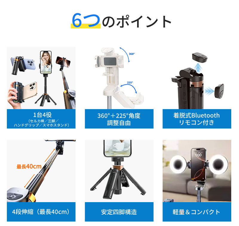 自撮り棒 セルカ棒 自撮 自撮棒 三脚 三脚付き 三脚スタンド 三脚伸縮式 ミニ三脚 スマホスタンド スマホ三脚 ライト LEDライト ライト付き 照明タイプ 美肌 リモコン リモコン付 折り畳み 軽量 コンパクト